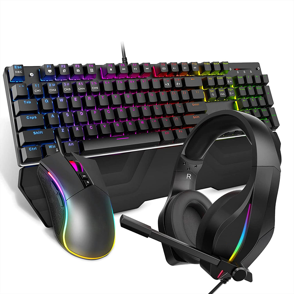 Wired Gaming Keyboard and Mouse Headset Combo,Rainbow LED Backlit Wired  Keyboard,Over Ear Headphone with Mic,Rainbow Backlit Gaming Mice,Mouse Pad,for  PC,Laptop,Mac,PS4,Xbox(Black) 